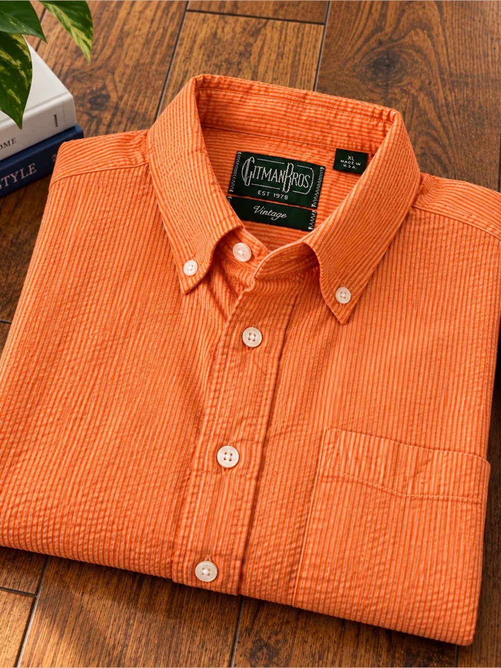 Gitman Bros Vintage Seersucker Button Down Shirt Orange Men’s XL Made In USA